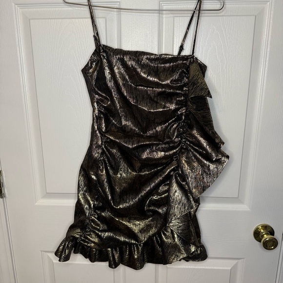 Zara Gold Metallic Mini Dress with Ruffle Size Medium NWT Homecoming Formal - Picture 3 of 9